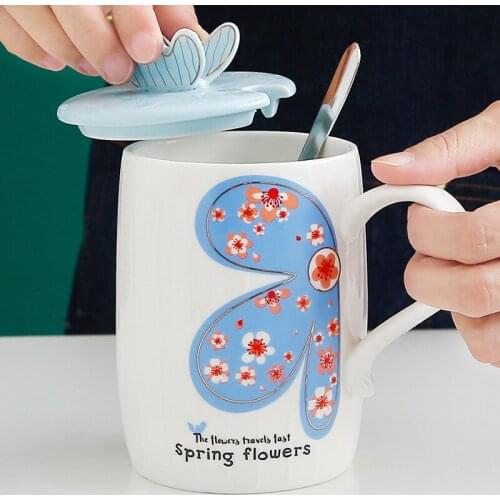 460ml Creative Embossed Butterfly Ceramic Cup 3D Lid Light Luxury Coffee Mug Ladies Home Milk Tea Cup with Handle Spoon