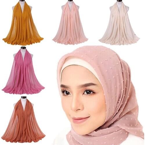 70x175cm Women Muslim Hijab Pom Pom Floral Chiffon Scarf Long Shawl Wrap Solid Color Islamic Bandana Sunscreen Headwrap