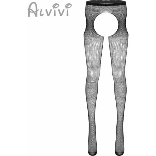 Black Fishnet Tights Crotchless Pantyhose Open Crotch Stockings Nylon Sheer Mesh Transparent Sexy Women Erotic Lingerie