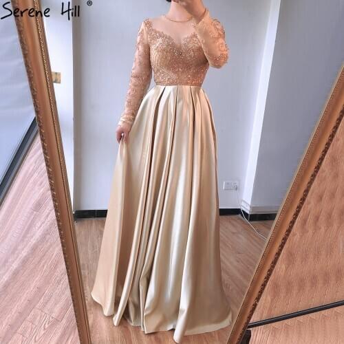 Dubai Mulim Gold A-line Long Satin Crystal Beading Evening Dresses 2021 Gowns For Woman Formal Dress =Serene Hill LA70550