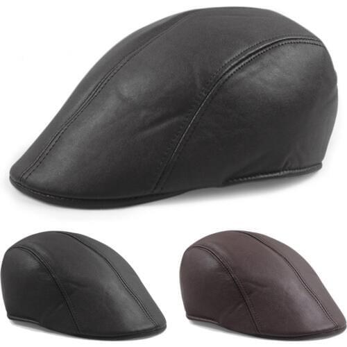 Mid Age Mens Leather Flat Cap Golf Hat Berets Retro Outdoor 2018 New PU Vintage Caps High Quality