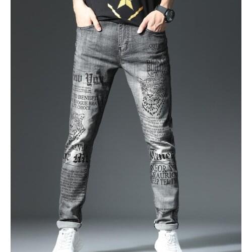 Leopard Mens Newspaper Print Skinny Jeans Vintage Black Stretch Cotton Denim Pants Trousers