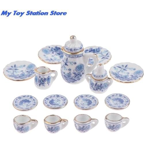 15Pcs 1:12 Dollhouse Miniature Tableware Porcelain Ceramic Tea Cup Set