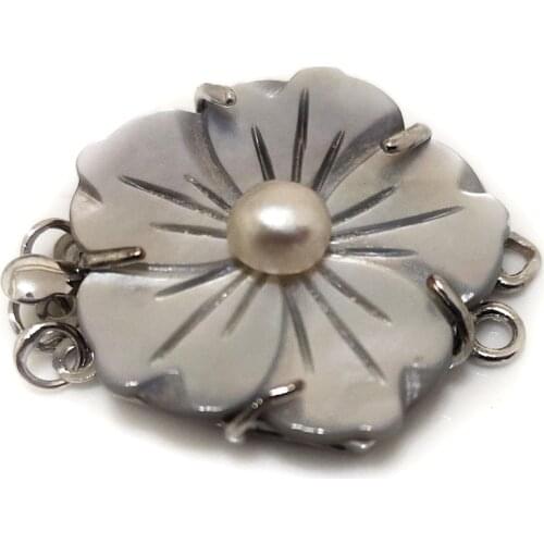 Wholesale 14x30mm 3 Rows White Button Pearls& Shell Flower Jewelry Clasp
