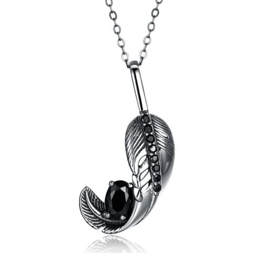 Retro 925 Sterling Silver Black Cubic Zircon Necklace Ancient Silver Curling Feather Pendant Necklace for Women Men Jewelry Gift