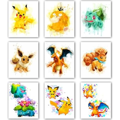 Pokemon Anime Pocket Monsters Video Game Watercolor Art Poster Pikachu Canvas Painting Kids Room Dorm Home Wall Decor Mural