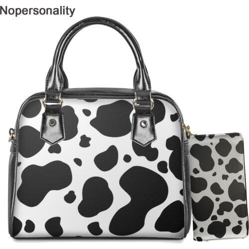 Nopersonality Cow Printed Casual Top-handle Bags for Female Women Crossbody Bag Ladies PU Leather Shoulder Bag with Purse 2Pcs