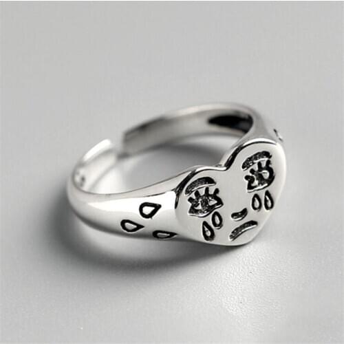 Simple Creative Sad Cry Face 925 Sterling Silver Jewelry Personality Tearful Expression Heart Shaped Opening Rings R212