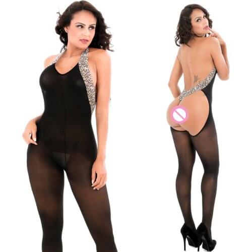 Sexy Mesh See-through Leopard Jumpsuit Sexy Women Lace Leopard Print See-through Mesh Strappy Bodysuit Stretch Playsuit Party