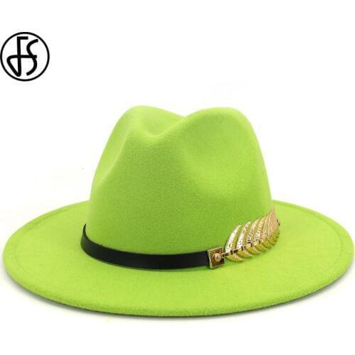 FS Green Black Women Men Wool Felt Fedora Hats Leather Band Metal Leaves Wide Brim Panama Trilby Jazz Cap Vintage Church Hats