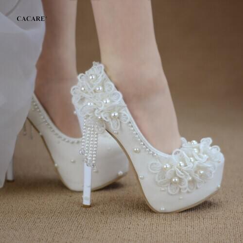 CACARE Luxury Wedding Shoes Pearl Lace Platform High Heels Customized Bridal Party Shoes Cinderella Multi-choice F2966