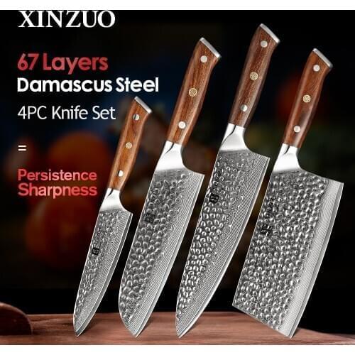 XINZUO 4 PCS Kitchen Knives Chef Set Japanese Damascus Stainless Steel New designed Knife Cleaver Nakiri Knife