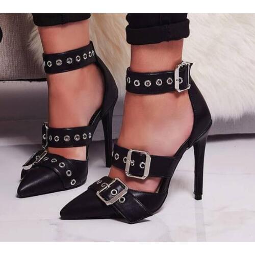 Moraima Snc Hot Selling Pointed Toe Sandal for Woman Sexy Black Leather Buckle Strap Gladiator Shoes Cutouts Thin Heels Shoes
