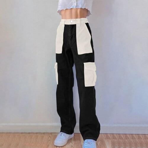 FNOCE 2020 womens pants jeans fashion trends casual youth street patchwork high waist loose slim full straight pants for girl