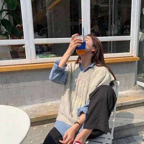 2021 Women Fashion Outfits All-match Autumn V-Neck Solid Knitted Vest and Solid Long Sleeve Shirt Casual Loose 2 Piece Sets Q884