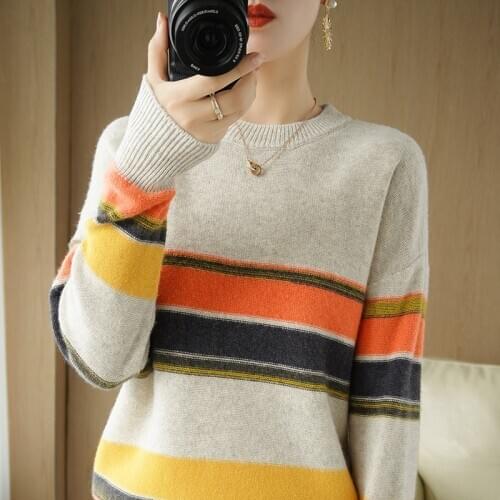 BARESKIY Round neck sweater women 2020 autumn and winter new striped pullover loose 100% wool sweater base all-match sweater