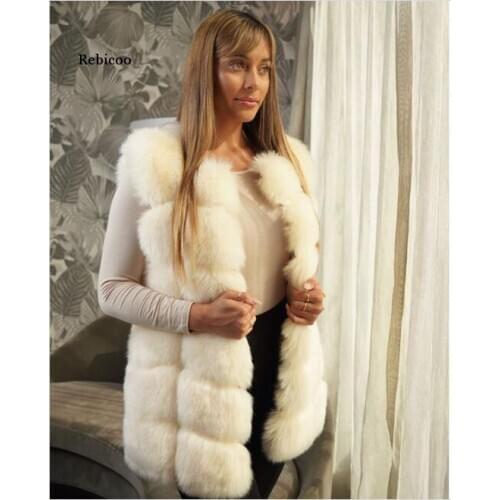 Faux Sliver Fox Fur Vest Women Winter Fashion Medium Long Artifical Fox Fur Vests Woman Warm Fake Fox Fur Coats Female Ladies