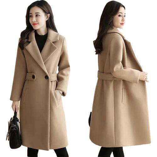 2021 Winter Clothes Wool Coat belt slim Women Coat Korean Autumn Female Woolen Coat Fashion Double-breasted Jacket Elegant Blend