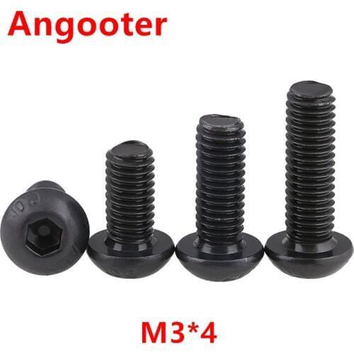 100pcs ISO7380 M3*4 Black Steel 10.9 grade Round Head Screws M3x4 Hex Socket Button Head Cap Screw Screws Bolts