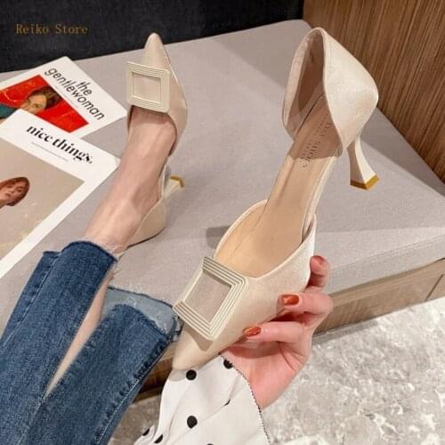 2021 Summer Shoes Womens Shoes Slip-on Shoes Summer Pu Pointed Toe Horseshoe Heel Low Mouth High Heel Satin Shoes High Heels
