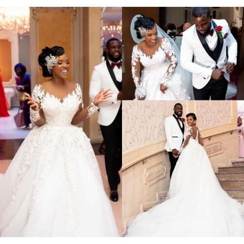 Long Sleeves African Ball Gown Wedding Dresses Lace Appliqued Beaded Long Bridal Gown Sheer Crew Neck Vestidos Plus Size