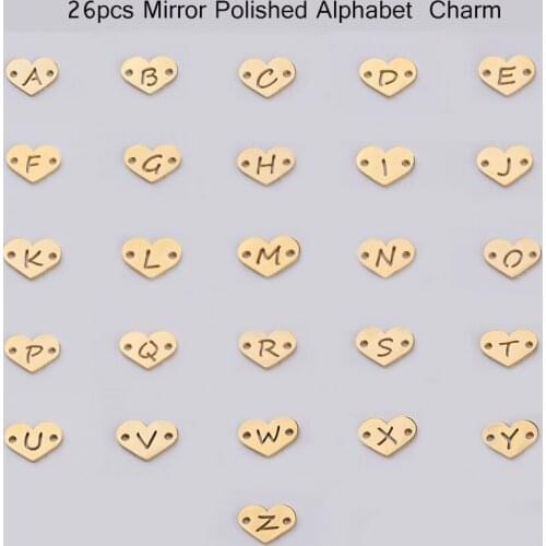 100% Stainless Steel Alphabet A-Z Charm 2 Hole Metal Heart Hollow Letter Connector Mirror Polished 26pcs