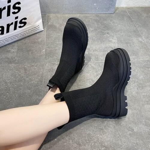 Ankle Boots Woman Slip-On Shoes Woman Fashion Knitted Elastic Round Toe Short Boots Platform Square Heels Leather Boots Women