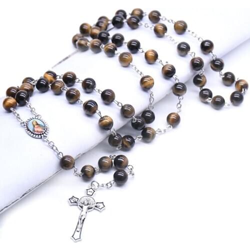 Rosary Prayer Beads Tiger Eye Stone Necklace Cross Christian Lucky Amulet Jewelry Charm Gift for Man Woman