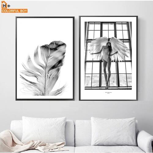 COLORFULBOY Wall Art Print Canvas Painting Girl Feather Nordic Posters And Prints Wall Pictures For Living Room Decor