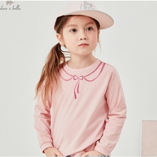 DKH15798 dave bella spring 5Y-13Y kids girls clothes children fashion bow print T-shirt girls high quality fashion tees