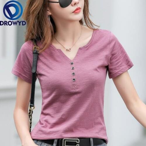 Women Harajuku White T-shirt Summer Brand Cotton T Shirts Female V-Neck Short Sleeve Tshirts Casual Loose Simple Solid Tees Tops