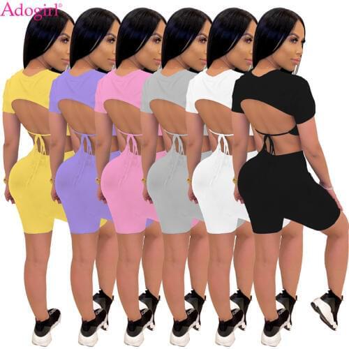 Adogirl Backless Lace Up Solid Two Piece Set 2020 Summer Trendy Short Sleeve T Shirt Crop Top Shorts Women Tracksuit Home Suits