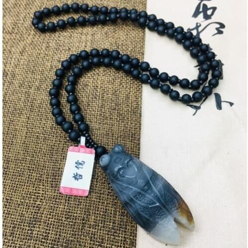 Zheru natural yellow dragon jade carved multicolor jade cicada pendant with obsidian necklace men and women sweater chain