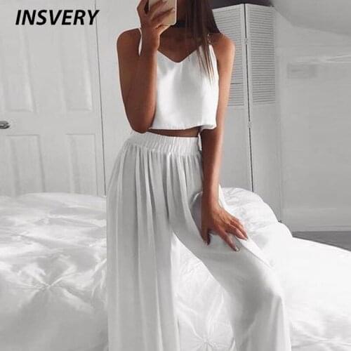 Summer Solid 2 Piece Sets Sleeveless Crop Top Loose Pants Suit Women Fashion Leisure Suit Tracksuit Women Homewear Outfit
