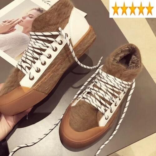 Fur Women Fashion Mink Lace Up Warm Flat Sneakers Winter 2021 Round Toe Zapatillas Mujer Leisure Cotton Shoes Loafers