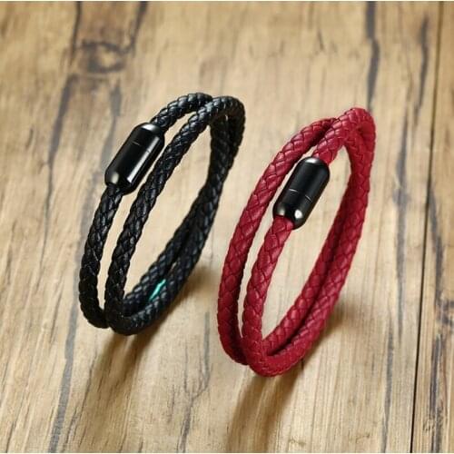 Fashion Simple Personality Trend Long Two-turn Mens Black Red Multicolor Leather Braided Mens Magnetic Buckle Bracelet
