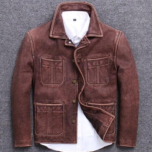 Genuine clothing male o beautiful khaki do used cowhide lapel short fund self-cultivation leather jacket 100% natural calf skin
