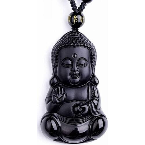 Natural black obsidian crystal baby buddha Amulet necklace pendant with adjustable bead chain for women