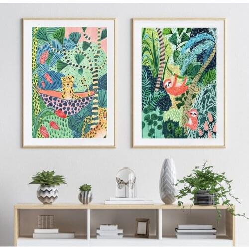 Jungle Sloth & Leopard Posters and Prints Nursery Canvas Painting Safari Botanical Wall Pictures Kids Bedroom Nordic Home Decor