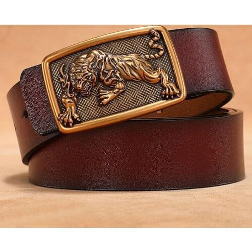 Men Metal Gold Silver Tiger Animal Buckle Belt Genuine Leather Cowskin Cowhide Plus Size 110 120 130cm 140cm 150cm Waist Belts