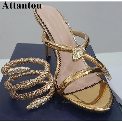 Sexy Gold Snake Ankle Wrap High Heel Gladiator Sandals Woman Summer Open Toe Party Dress Shoes