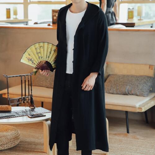 Traditional Chinese Clothing For Men Cotton Linen Hooded Long Trench Kung Fu Tai Chi Master Costume Male China Jacket CN-101