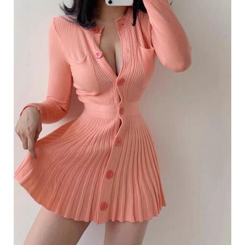 Spring 2020 long sleeve knitted dress slim and sweet single breasted Pleated Dress with waist closed sexy orange