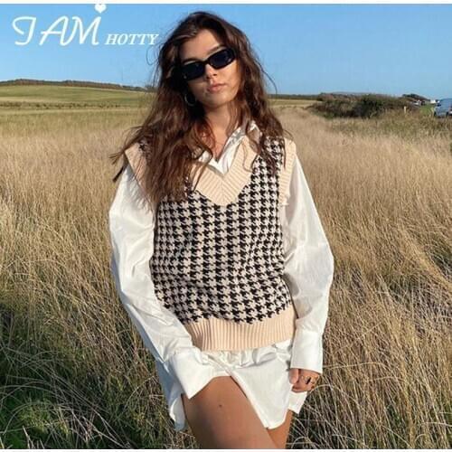 Houndstooth Plaid V Neck Y2K Sweater Vest Women Aesthetic Vintage Preppy Knitting Streetwear Friends New Year Tank Top Iamhotty