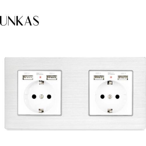 UNKAS 2 Gang Russia Spain EU Standard Wall Socket With 4 USB Charge Port Hidden Soft LED Indicator Aluminum Metal Panel