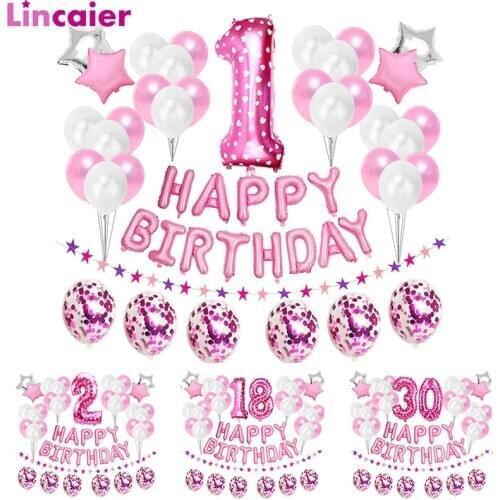 37Pcs Pink Number 1 2 3 4 5 6 7 8 9 Years Old Balloons Happy Birthday Party Decorations Kids Baby Girl Princess 15 16 18 30 40