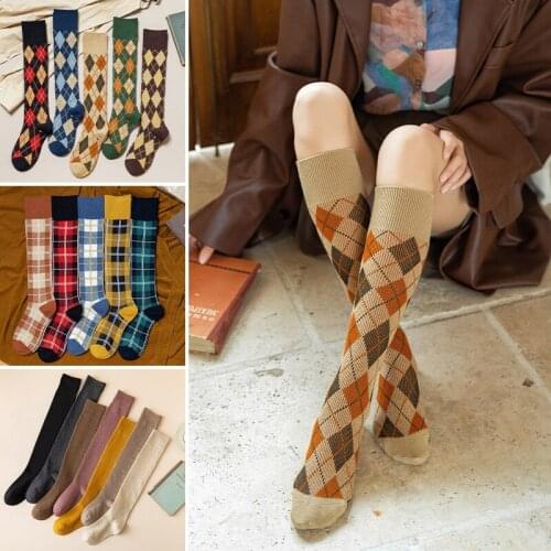 New Plaid Diamond Women Stocking Cotton Knitting Solid color Harajuku Fashion Funny Kawaii Soft British Style Girls Long Socks