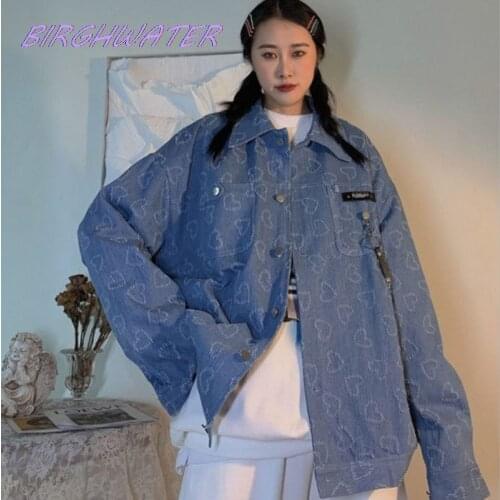 Women Denim Jacket Retro Handsome Heart-shaped Jackets Men 2021 Spring Vintage Loose Casual Korean High Street Lit up Coats