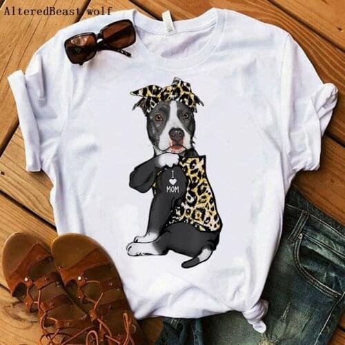 2021 Pit Bull Mom Tshirt Women Summer Harajuku I Love Mom Leopard Bandana Print T-shirt Funny Short Sleeve dog T Shirt Clothes