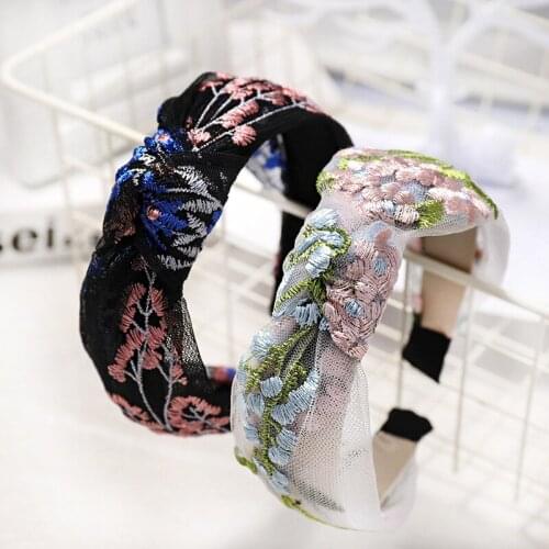 Retro Lady Lace Embroidery Flower Hair bands Headband For Women Cross Wide Hair Hoop Korean Hair Accessories Headpiece